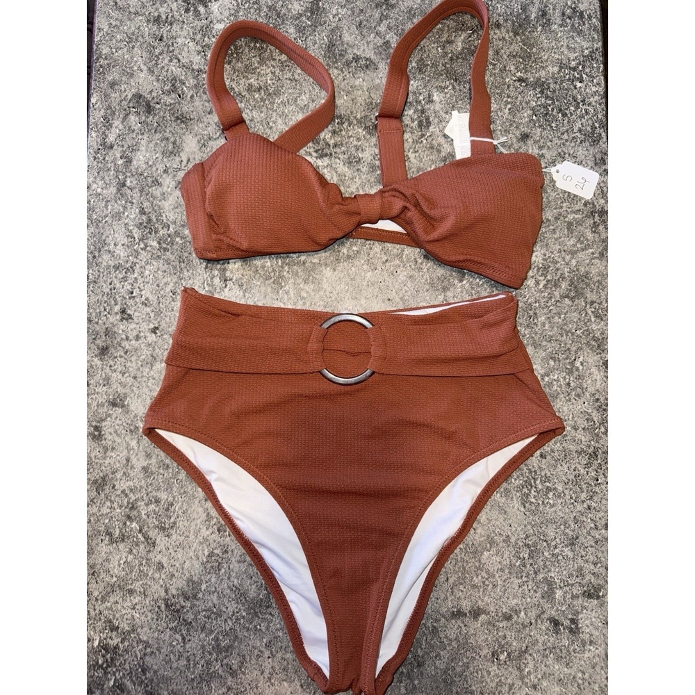 Cupshe Brown Bikini High Waisted Two Piece Swimsuit Ring Detail Small